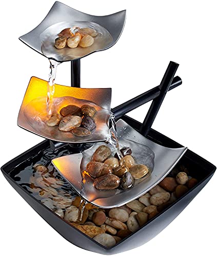 Indoor 3-Tier Relaxation Tabletop Fountain, Automatic Pump with Power Switch, Extra Deep Basin with Natural River Rocks