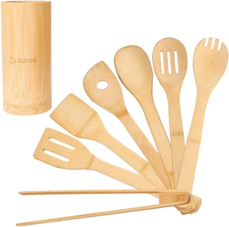 Bamboo Wooden Kitchen Utensil Set for Cooking with Holder 7Pcs