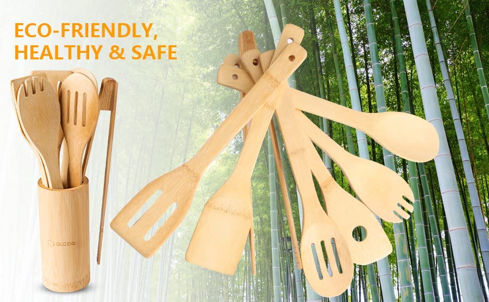 Bamboo Wooden Kitchen Utensil Set for Cooking with Holder 7Pcs