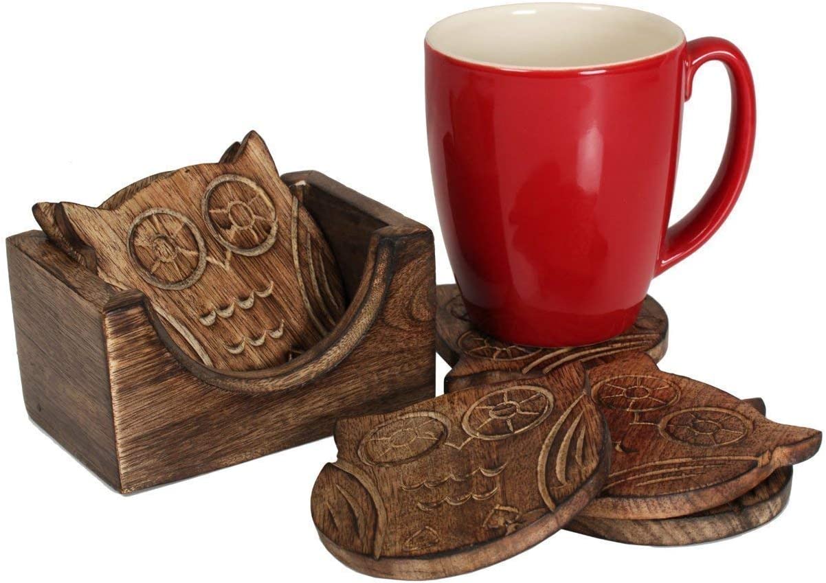 Wooden Crafted Coaster Set of 6 with Coasters Holder for Drink Bar Coaster Tea Coffee