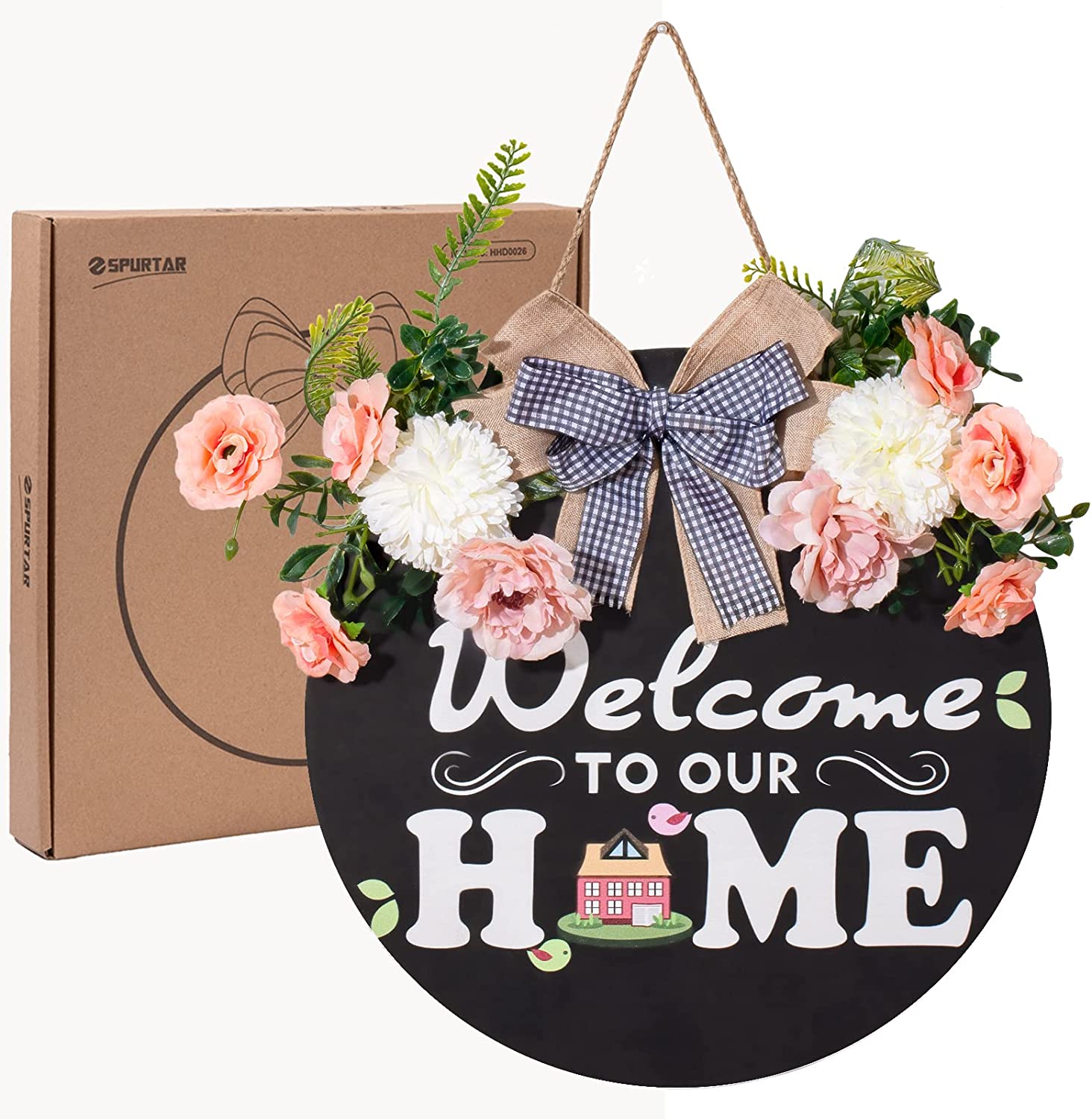 Welcome Sign for Front Door Decorations, 12" Round Wooden Front Porch Outdoor Decor