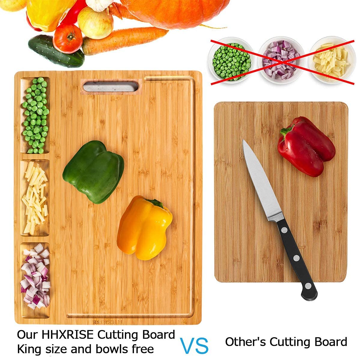Large Bamboo Cutting Board With 3 Built-In Compartments And Juice Grooves