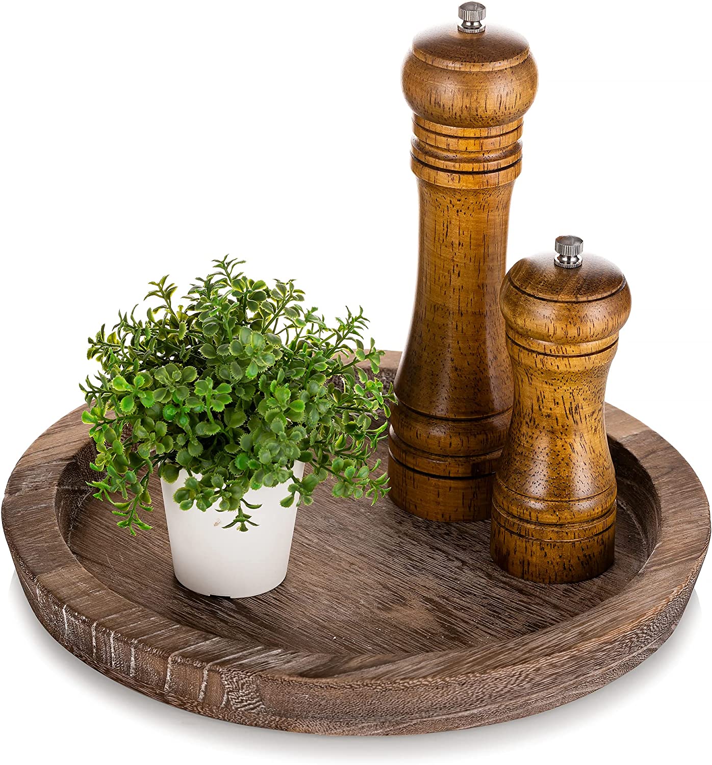 Wooden Serving Tray - Round Wood Butler Decorative Tray Vintage Center piece Candle Holder Trays