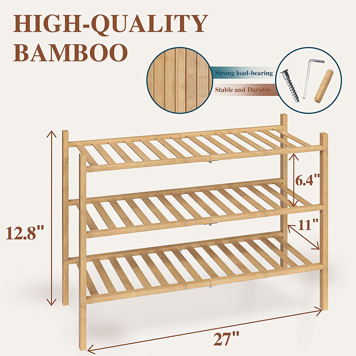 Wooden Outdoor 3-Tier Shoe Rack for Closet, Stackable Bamboo Shoe Rack