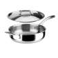 HIGH QUALITY: This 3 quart saute pan is manufactured with whole-clad tri-ply stainless steel—ensuring even heating and eliminating hot spots. FEATURES: The saute pan with lid features a classic straight-sided and drip-free pouring design. Riveted to the pan is a stay-cool stainless-steel perfect-grip handle, allowing for comfortable handling during cooking. The stainless-steel saute pan features a loop handle for easy carrying and pouring.