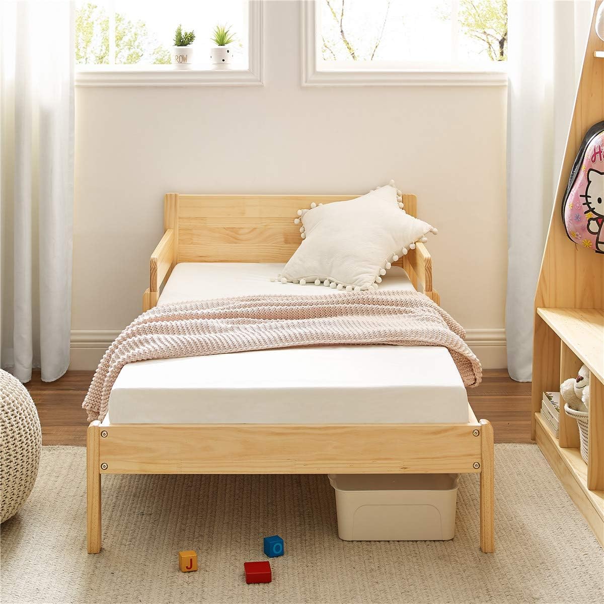 "Multifunctional 2 in 1 Convertible Toddler Bed | Solid Wood Kids Bed w/ Guardrails | Transform to Chair/Sofa | Fits Standard Crib Mattress | MUSEHOMEINC | AMAZON