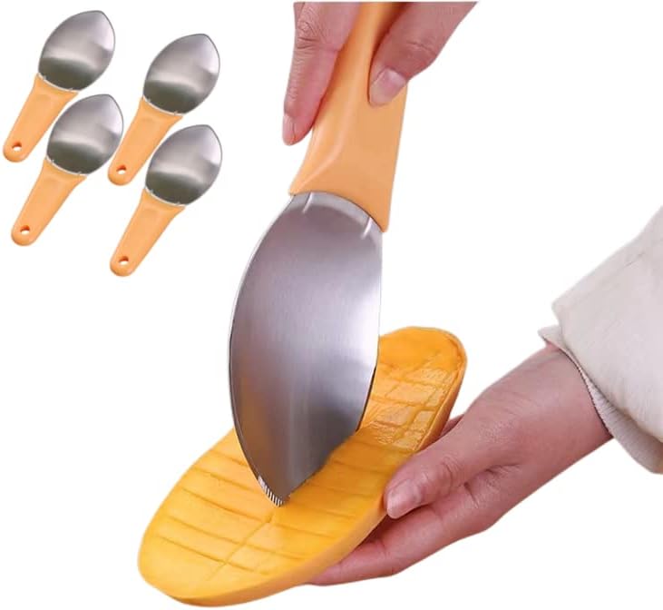 Mango Cutter Watermelon Slicer Cutter, Mango Cutting Artifact, Stainless Steel Fruit Spoon Slicer Knife for Family Parties Camping (4)