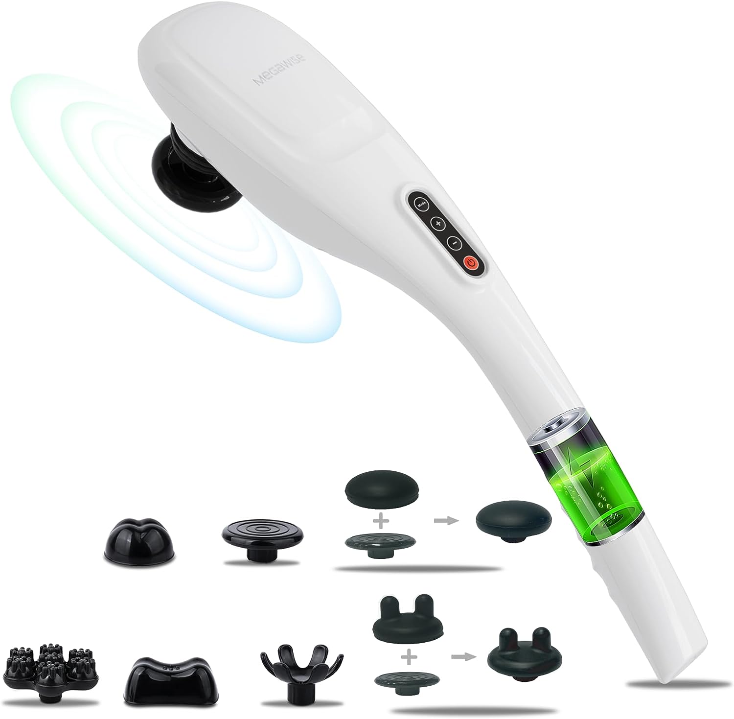 MEGAWISE Handheld Back Massager | Deep Tissue Percussion Massage for Back, Neck, Shoulders, Waist and Legs (Cordless Off-White)