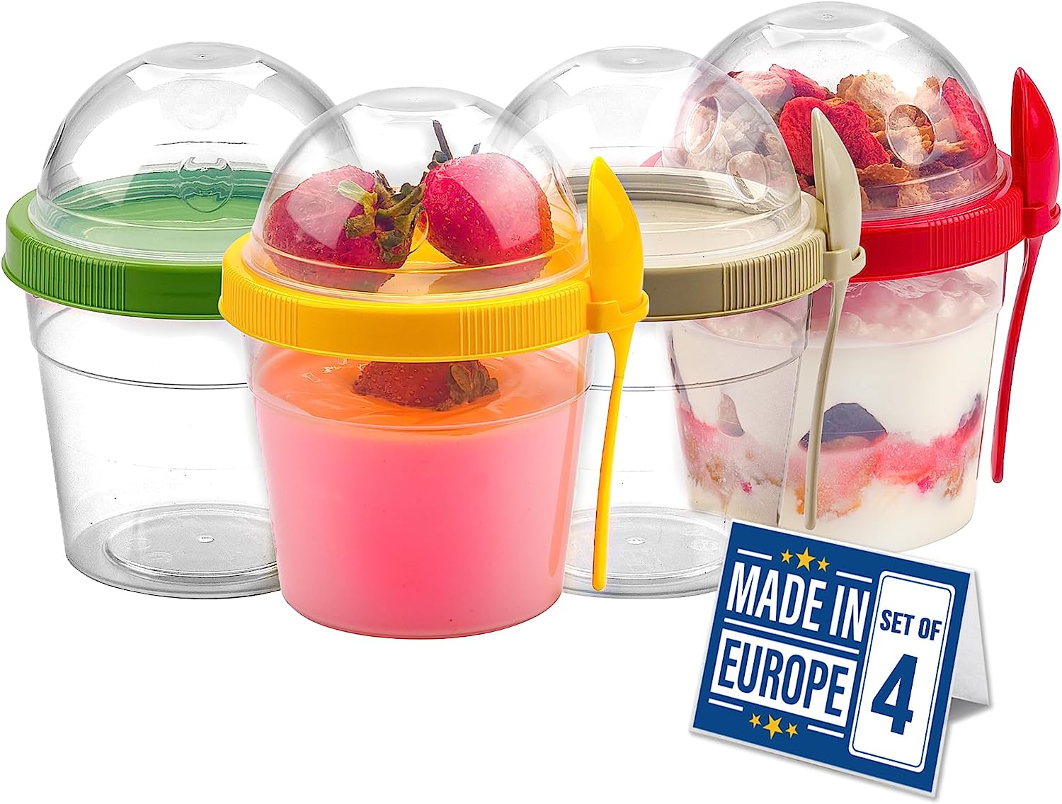 CRYSTALIA Yogurt Parfait Cups with Lids, Mini Breakfast On the Go Plastic Bowls with Topping Cereal Oatmeal or Fruit Container with Spoon for Lunch Snack Box, Reusable, Colorful Set of 4 (Small 17 oz)