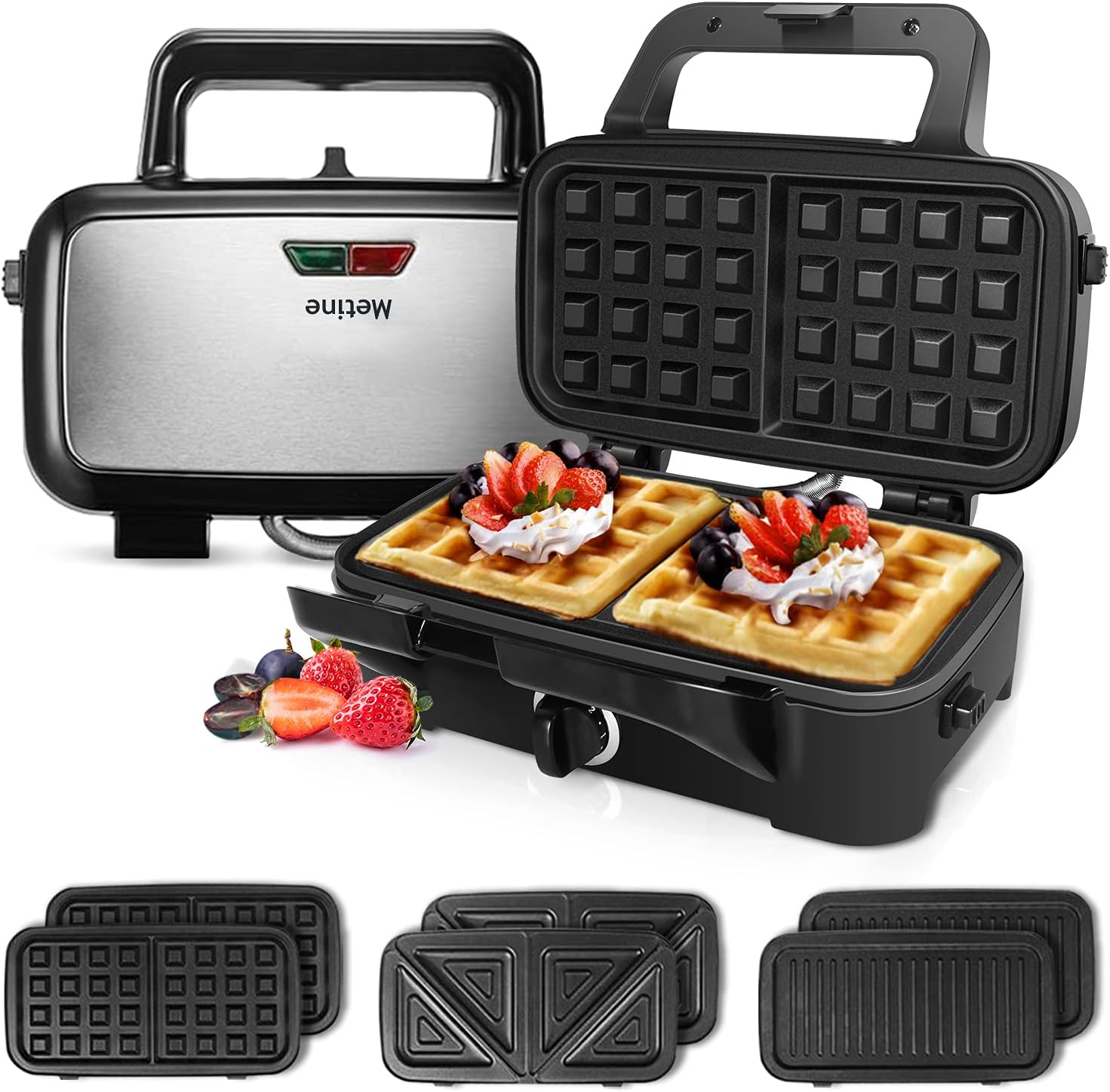 Metine Waffle Makers, 3-in-1 Waffle Iron Panini Press Sandwich Maker with Removable Plates, 5-gears Temperature Control Non Stick Coating Cool Touch Handle Anti-skid Feet for Breakfast 1200W 120V