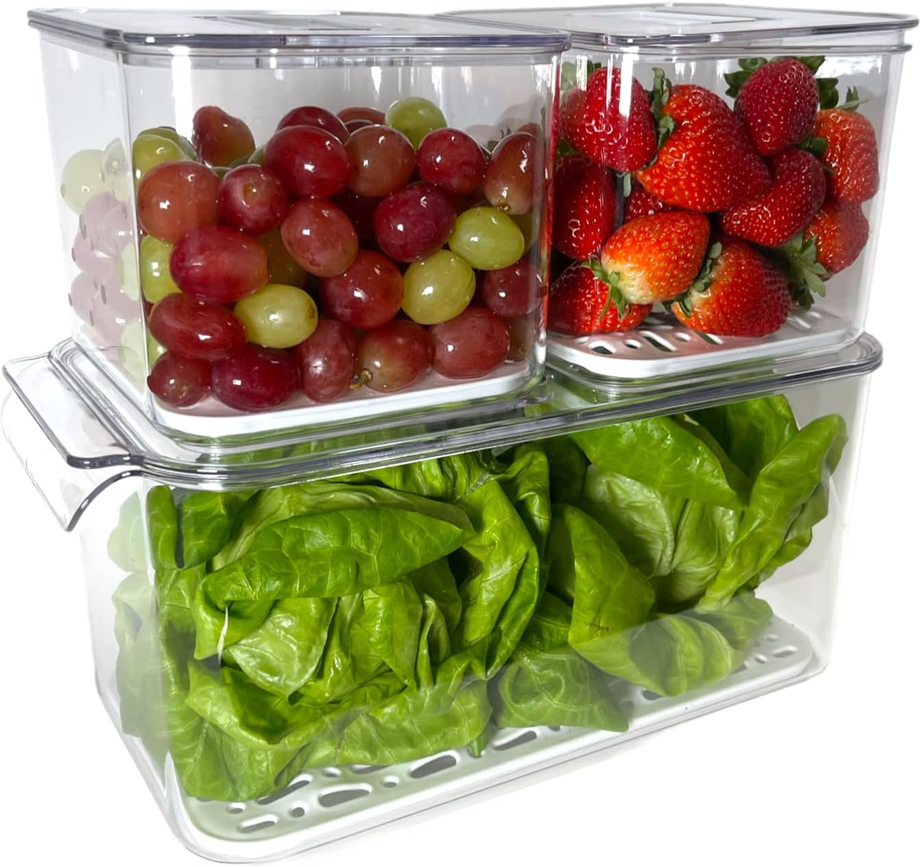 3 Pcs Plastic Refrigerator Food Storage Containers - Clear Organizer Bins W/Removable Drain Tray, Stackable Vented Lids, Fruit & Vegetables Fridge Organizers & Storage Clear for Pantry & Freezer