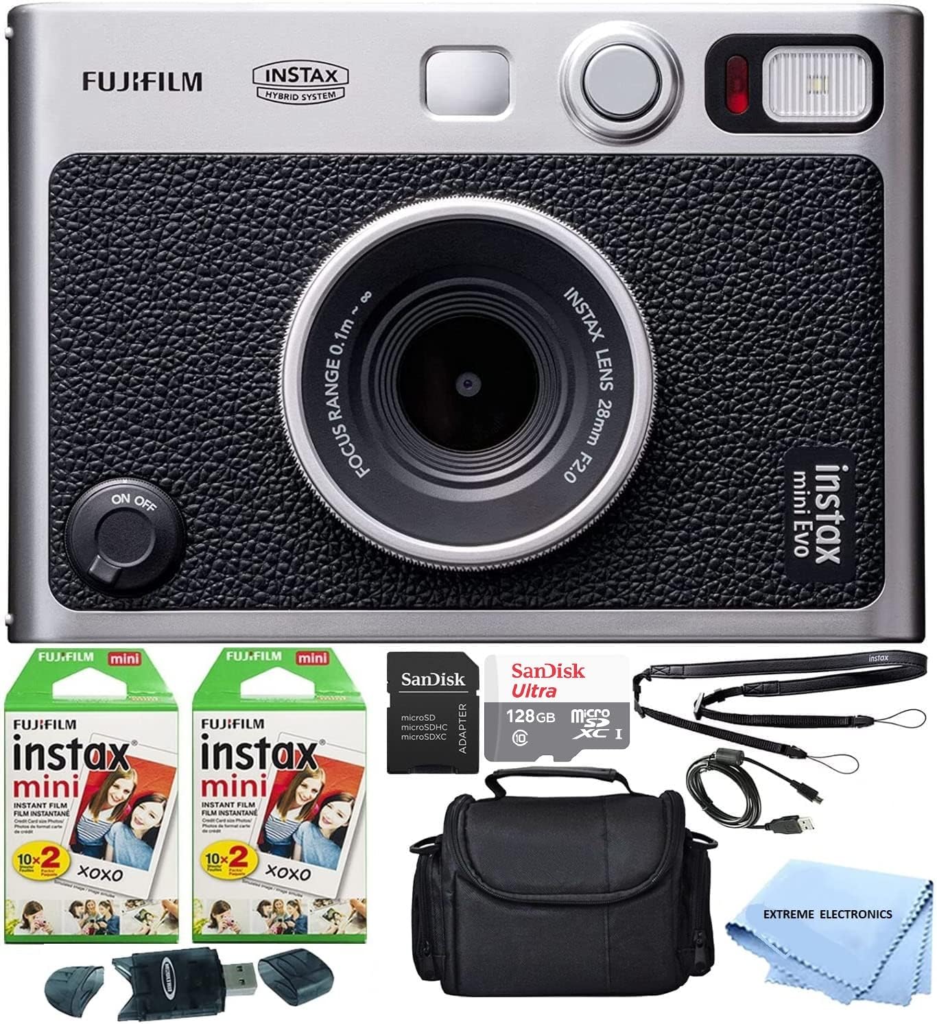 Fujifilm Instax Mini EVO Hybrid Instant Film Camera Bundle with 40 Instant Film Sheets + 128GB microSD Memory Card + Small Padded Case + SD Card Reader + Extreme Electronics Cloth