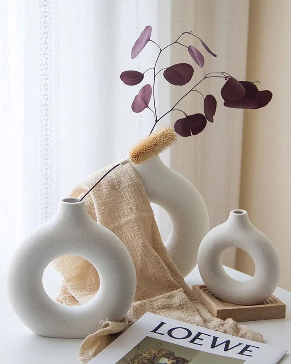 White Circle Ceramic Vase for Decor , Circular Matte ​Hollow Donut Flower Vases