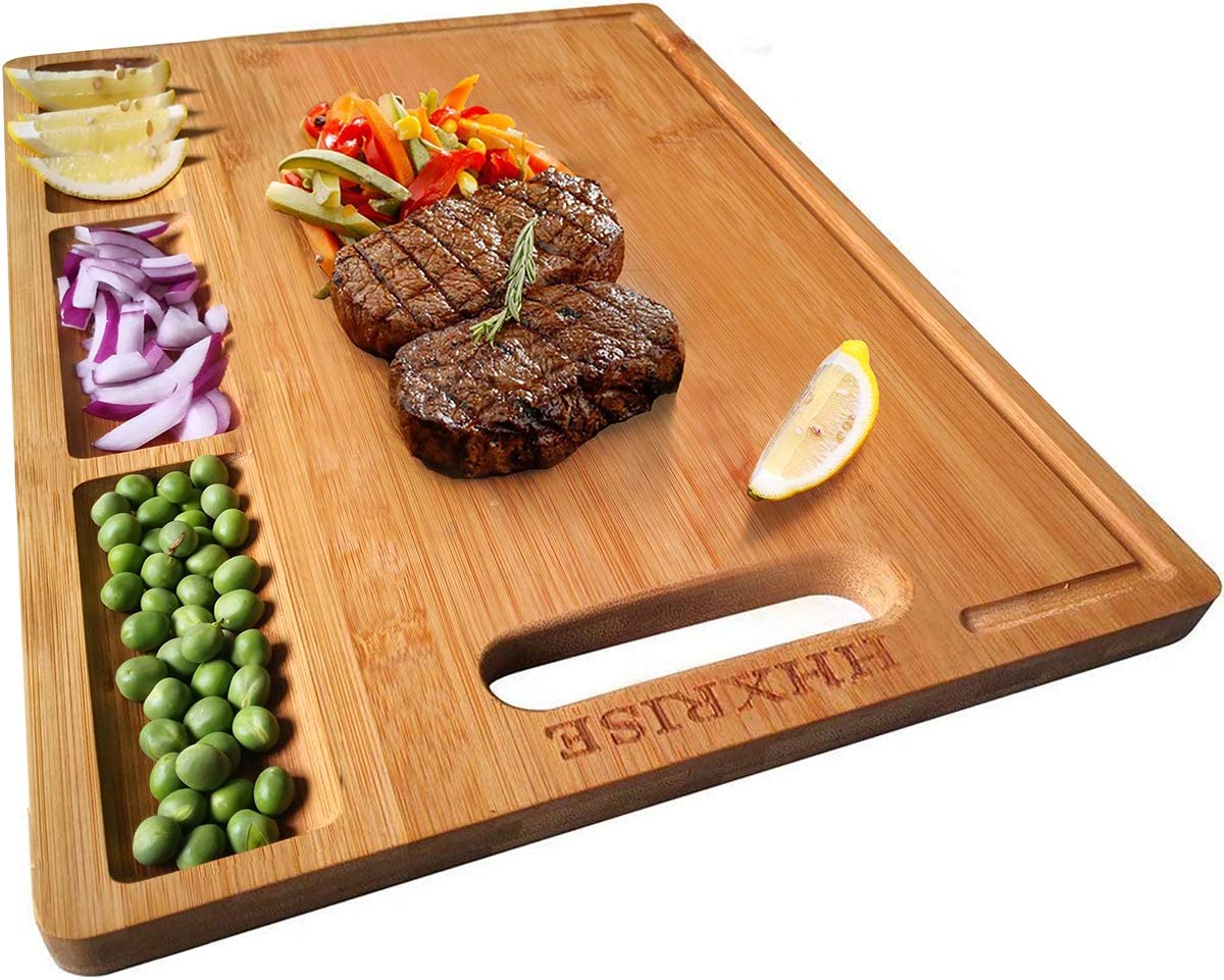 Large Bamboo Cutting Board With 3 Built-In Compartments And Juice Grooves