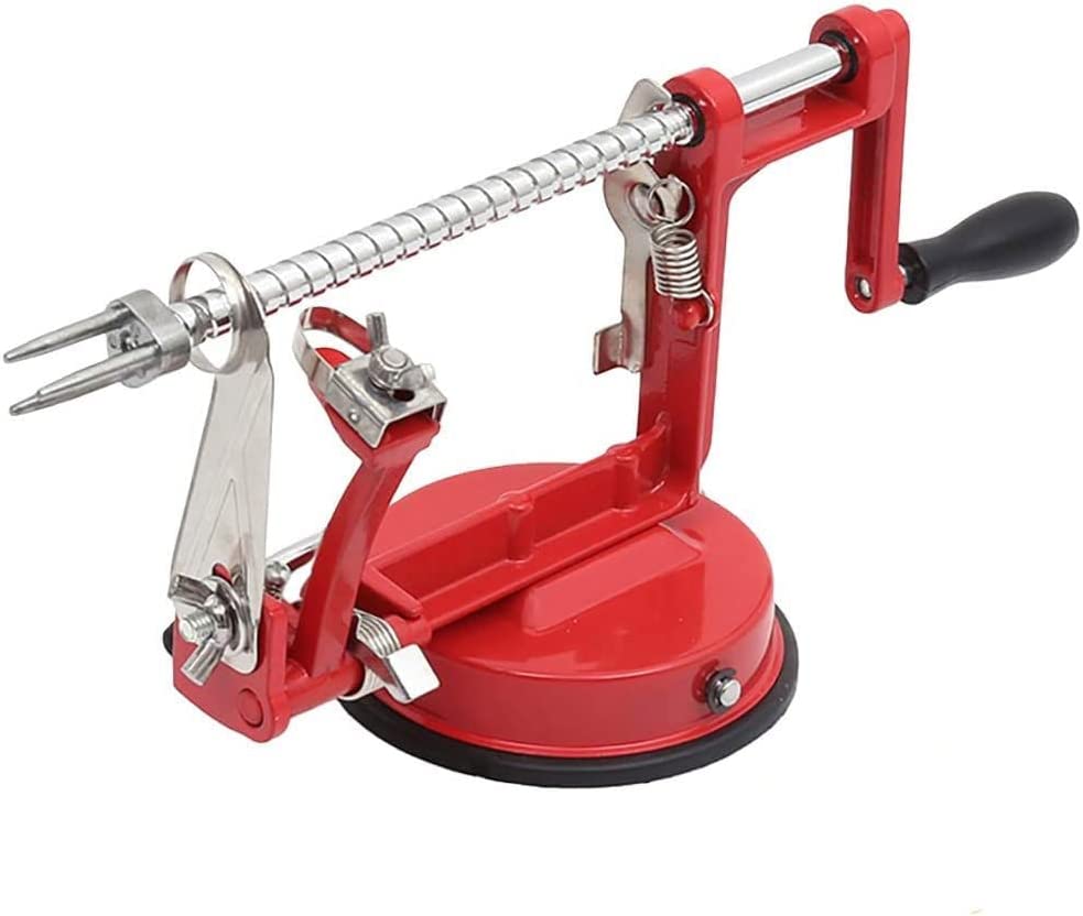 🍎【Excellent Material】- This apple peeler slicer corer is made of high quality Die Cast stainless steel, which means it won’t rust and is very durable not brittle steel with greater stability and strength. 🍎【Efficient】- Apple peeler machine for peeling, coring, and slicing apples simultaneously in just seconds with an easy turn of the handle. Slices and cores at the same time, or just peels without coring or slicing. 🍎【Strong Suction Base】-The apple peeler suction cup can be firmly grips smooth, non-porous surfaces. Be sure to press firmly on the base of the peeler, Let the base fully contact the smooth table top, which will ensure that the peeler will be firmly sucked onto the table.