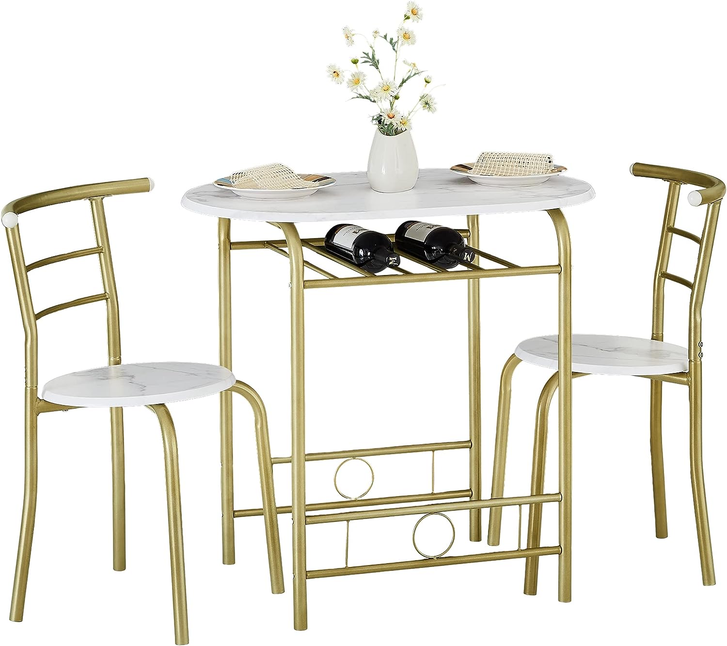 VECELO 3 Piece Small Round Dining Table Set for Kitchen Breakfast Nook, Wood Grain Tabletop with Wine Storage Rack, Save Space, 31.5", White & Gold