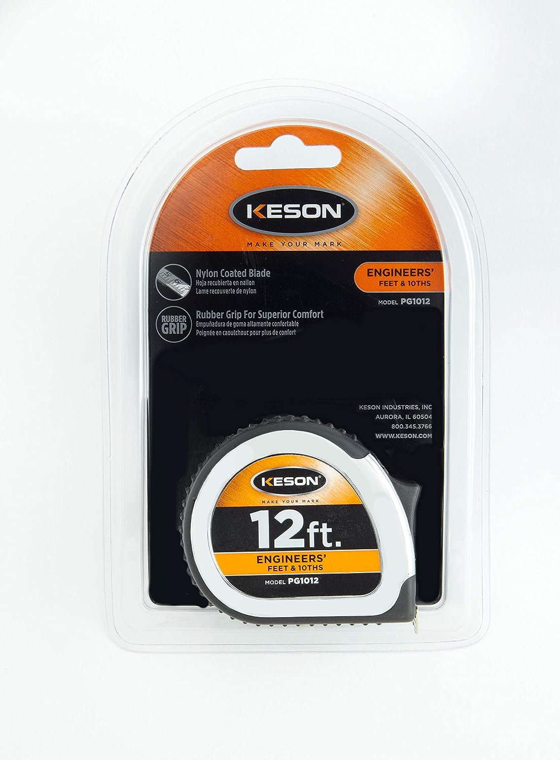Keson PG1012 Short Tape Measure with Nylon Coated Steel Blade (Graduations: ft, 1/10, 1/100), 5/8-Inch by 12-Foot
